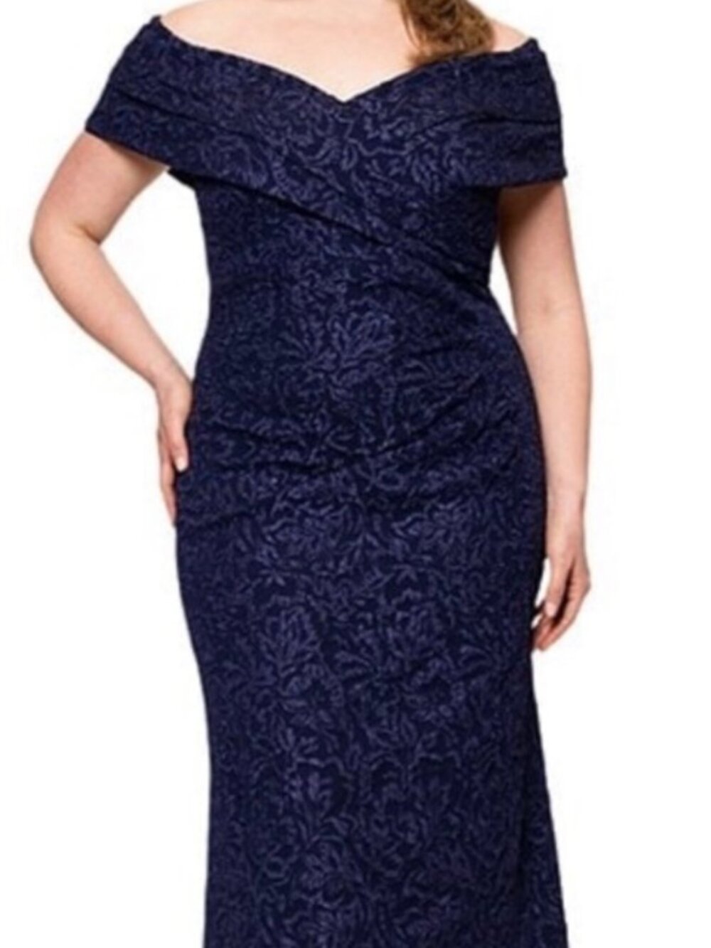 NWT Besty & Adam Jacquard Off The Shoulder Formal Gown in Navy/Purple. Size 8P